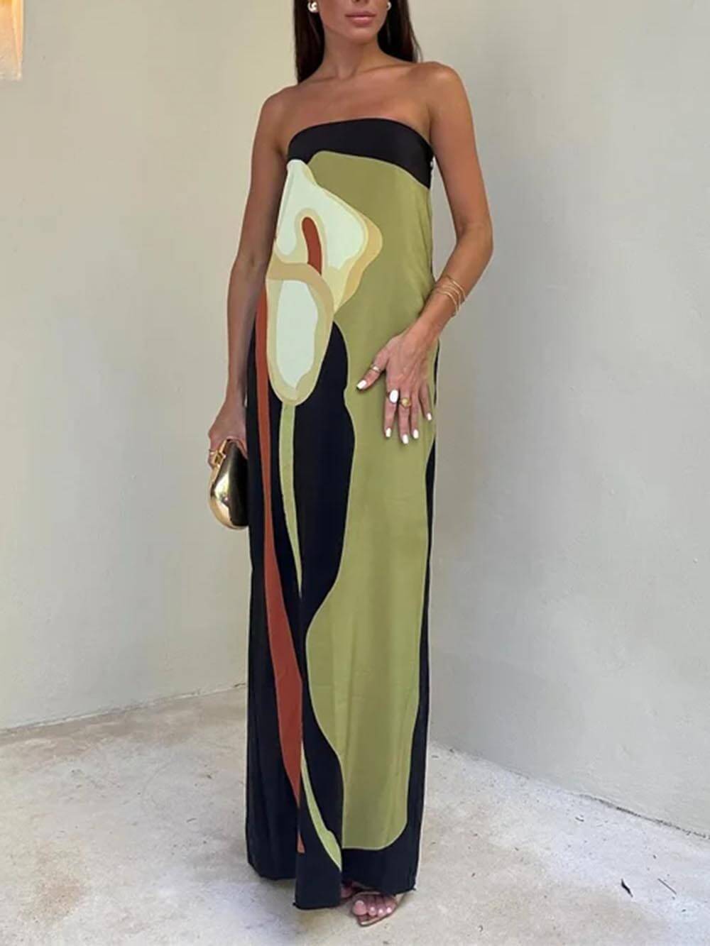 Aoife Off Shoulder Fashion Contrast Sleeveless Printed Maxi Dress
