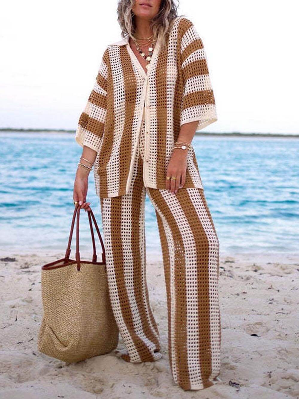 Verity Loose V-Neck Fashion Hollow Out Striped Shirt Wide Leg