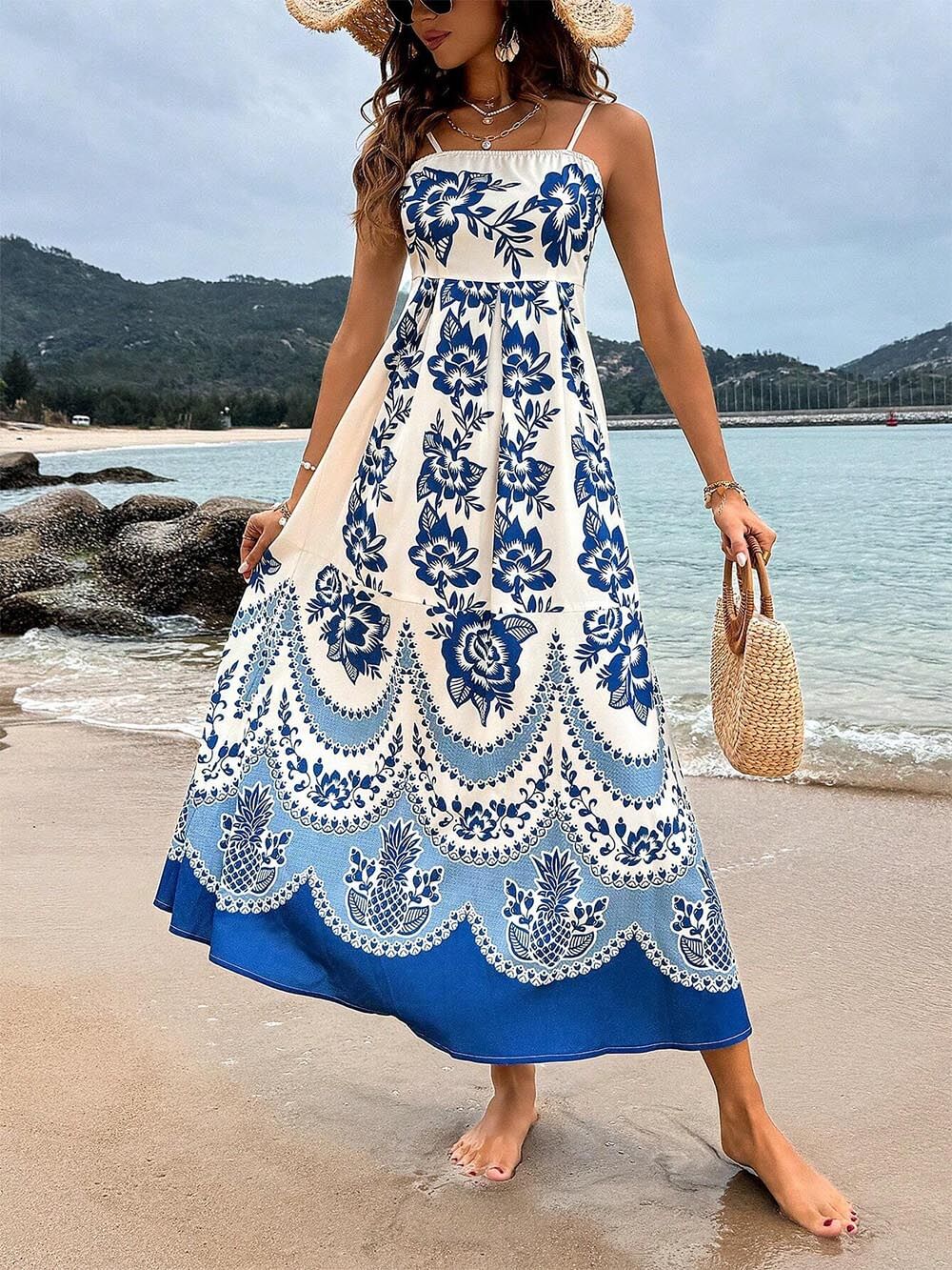 Solene Ethnic Floral Print Back Smocked Loose Midi Dress
