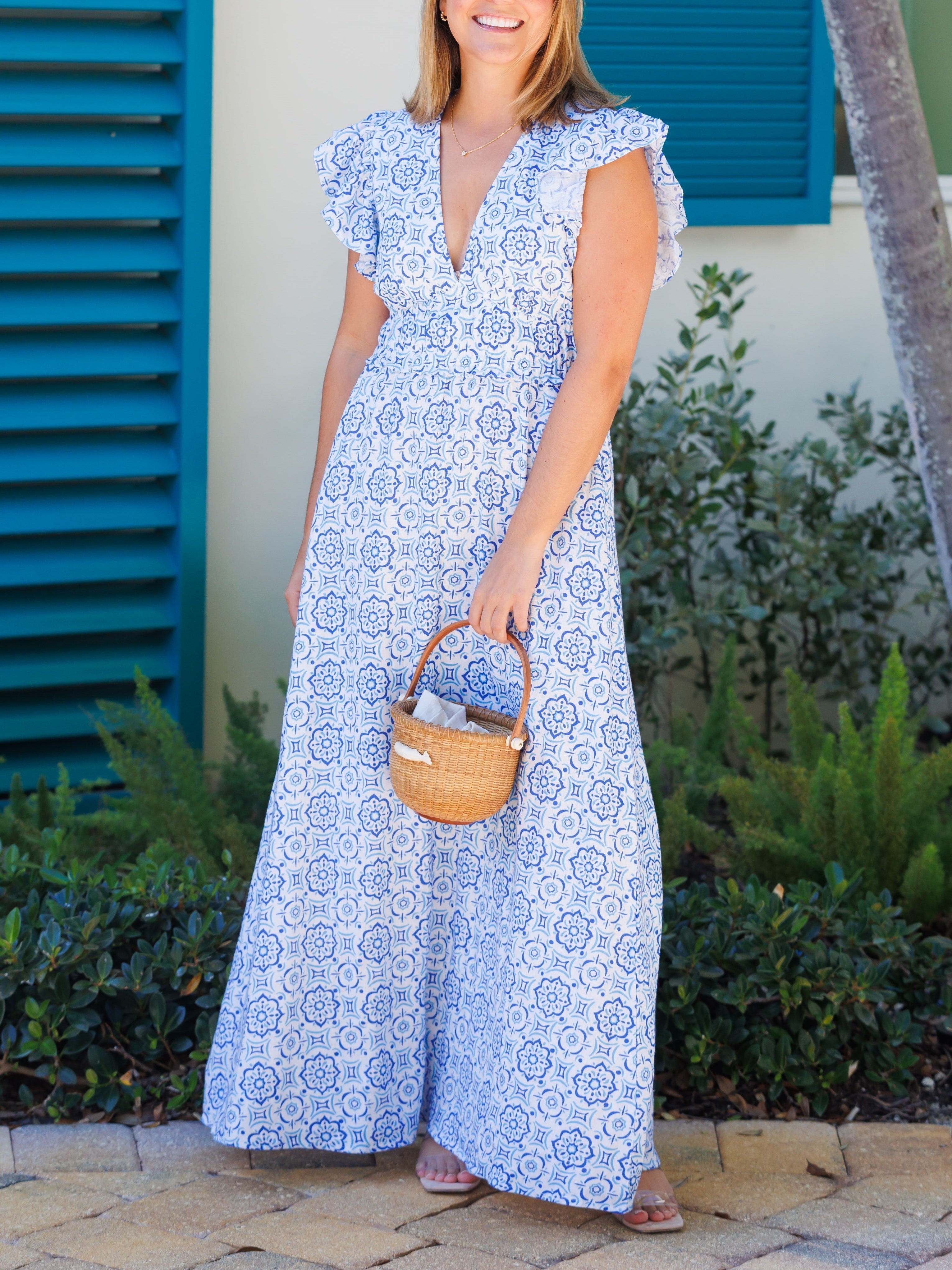 Philippa Blue Medallion V-Neck Flutter Sleeve Maxi Dress