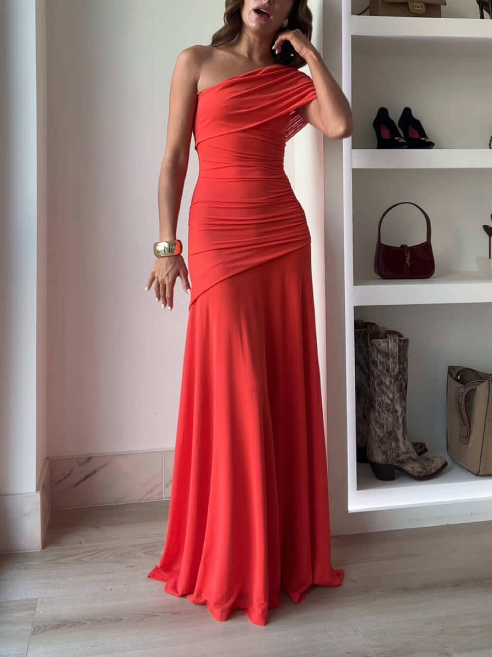 Adeline Mesh Off Shoulder Ruched Stretch Maxi Dress