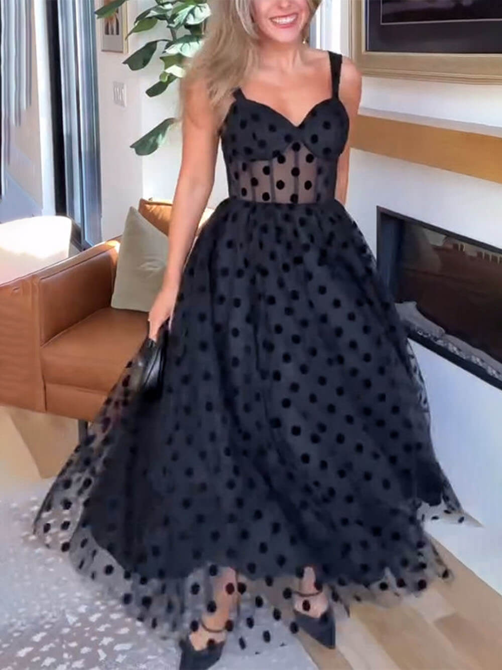 Lucienne Tulle Polka Dot Sweetheart Bustier A-Line Midi Dress