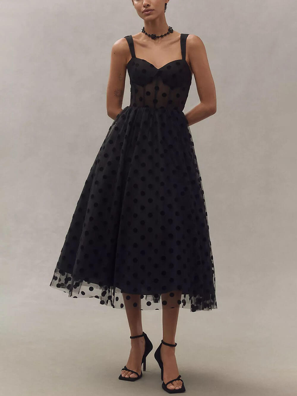 Lucienne Tulle Polka Dot Sweetheart Bustier A-Line Midi Dress