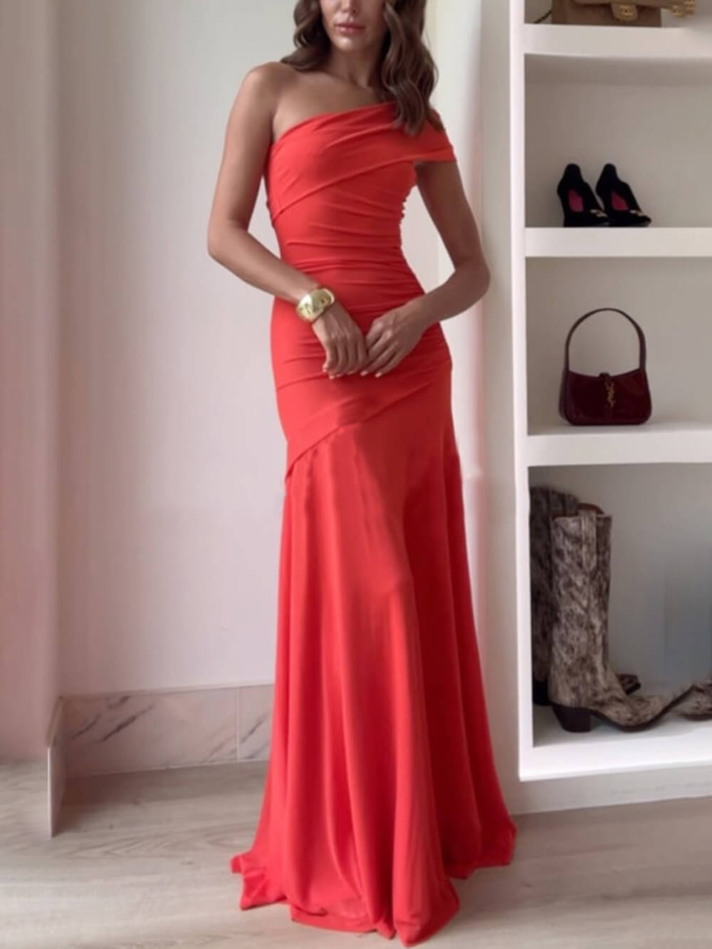 Adeline Mesh Off Shoulder Ruched Stretch Maxi Dress