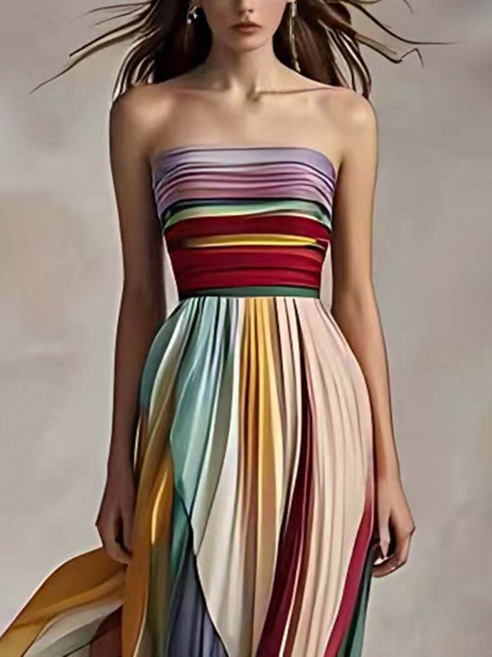 Mireille Striped Printed Off-shoulder Pleated Bandeau Maxi Dress