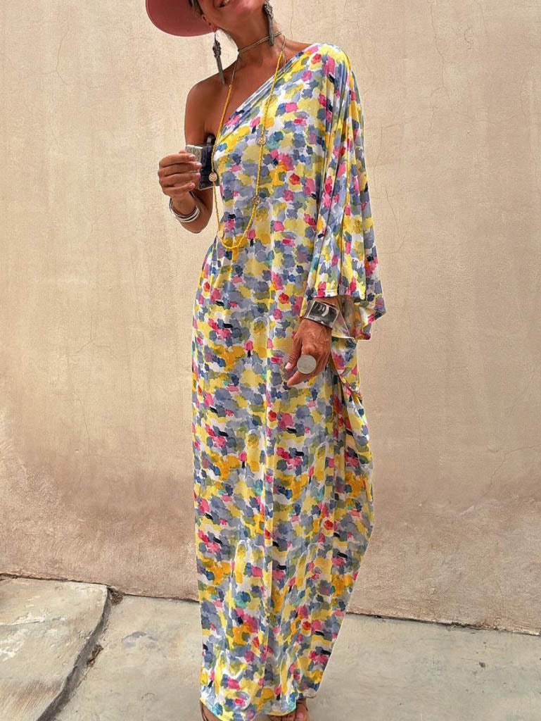Fiorella Casual Holiday Ink-dye Print Off-shoulder Maxi Dress