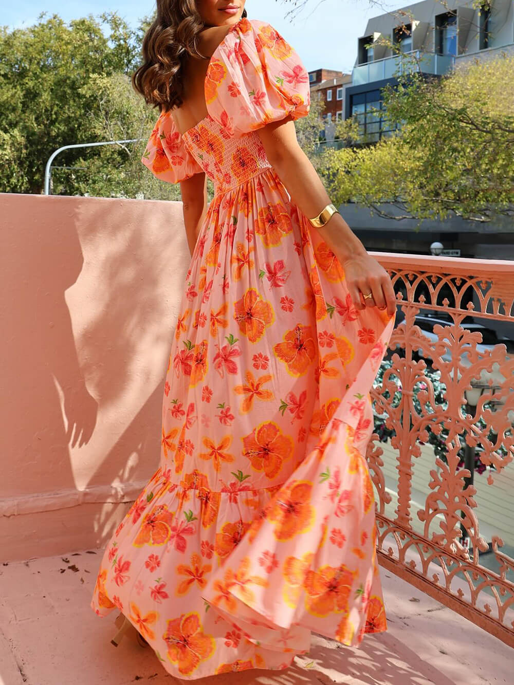 Liliana Puff Sleeve Floral Print Back Smocked Pocket Maxi Dress