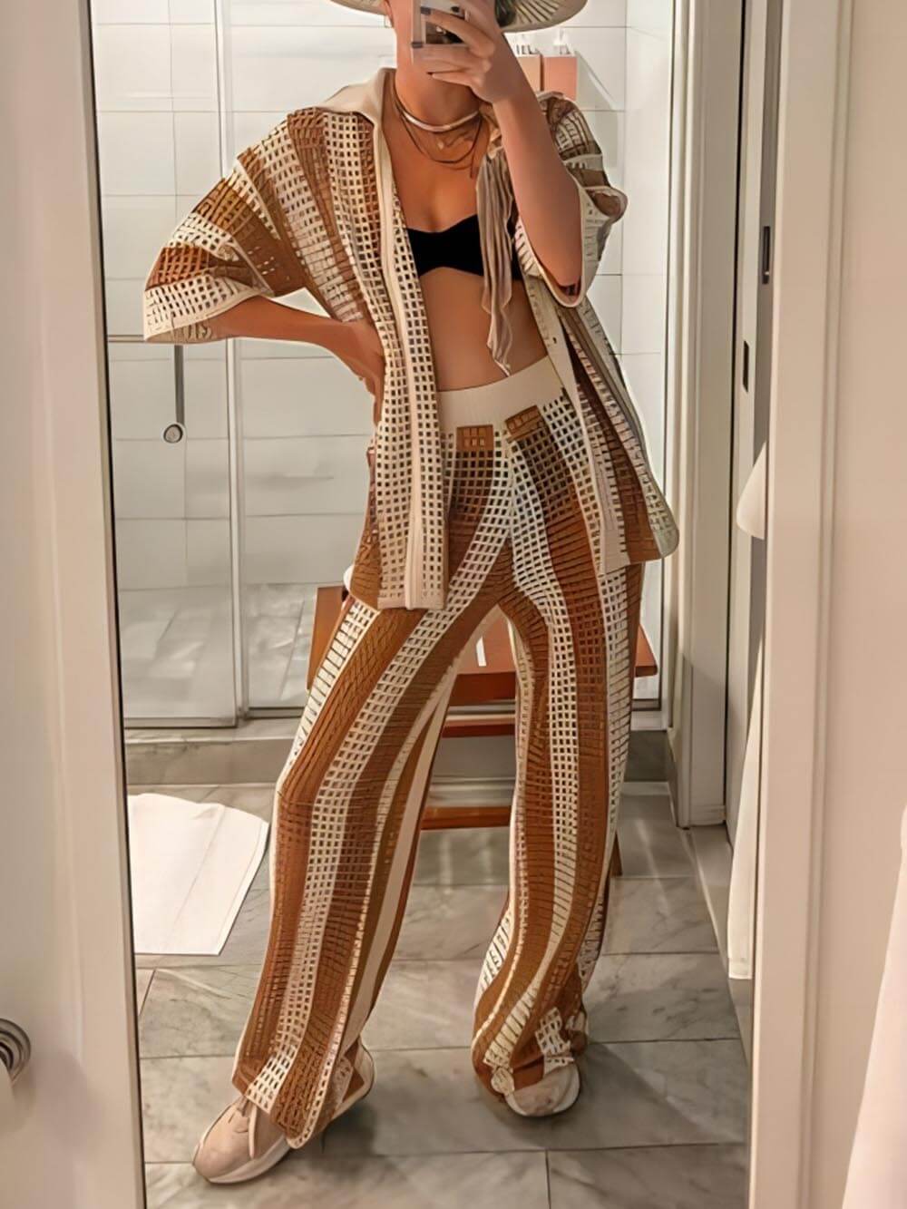 Verity Loose V-Neck Fashion Hollow Out Striped Shirt Wide Leg
