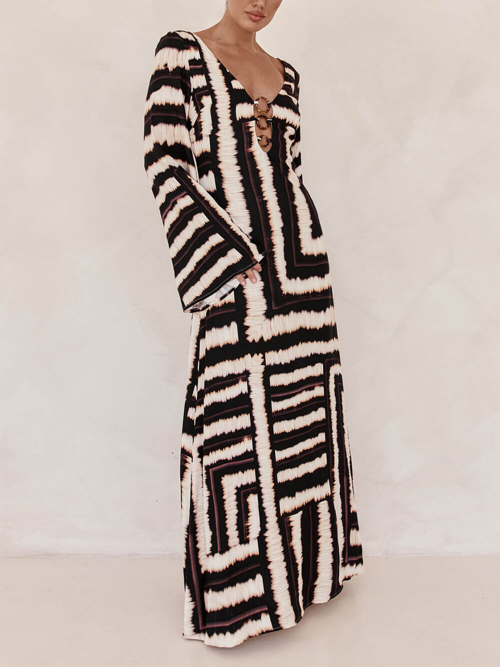 Tabitha V-Neckline Unique Printed V Tie Ring Maxi Dress