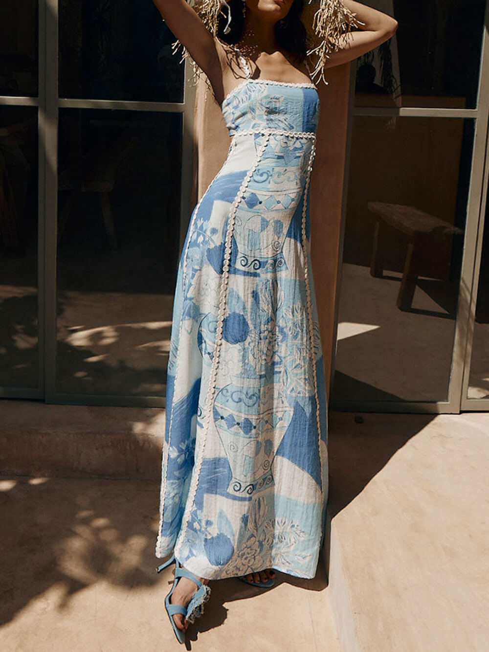 Edith Halter Straps Lace Patchwork Printed Back Tie Halter Flare