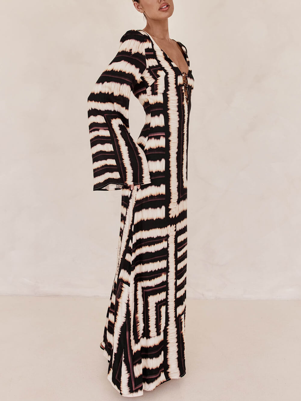 Tabitha V-Neckline Unique Printed V Tie Ring Maxi Dress