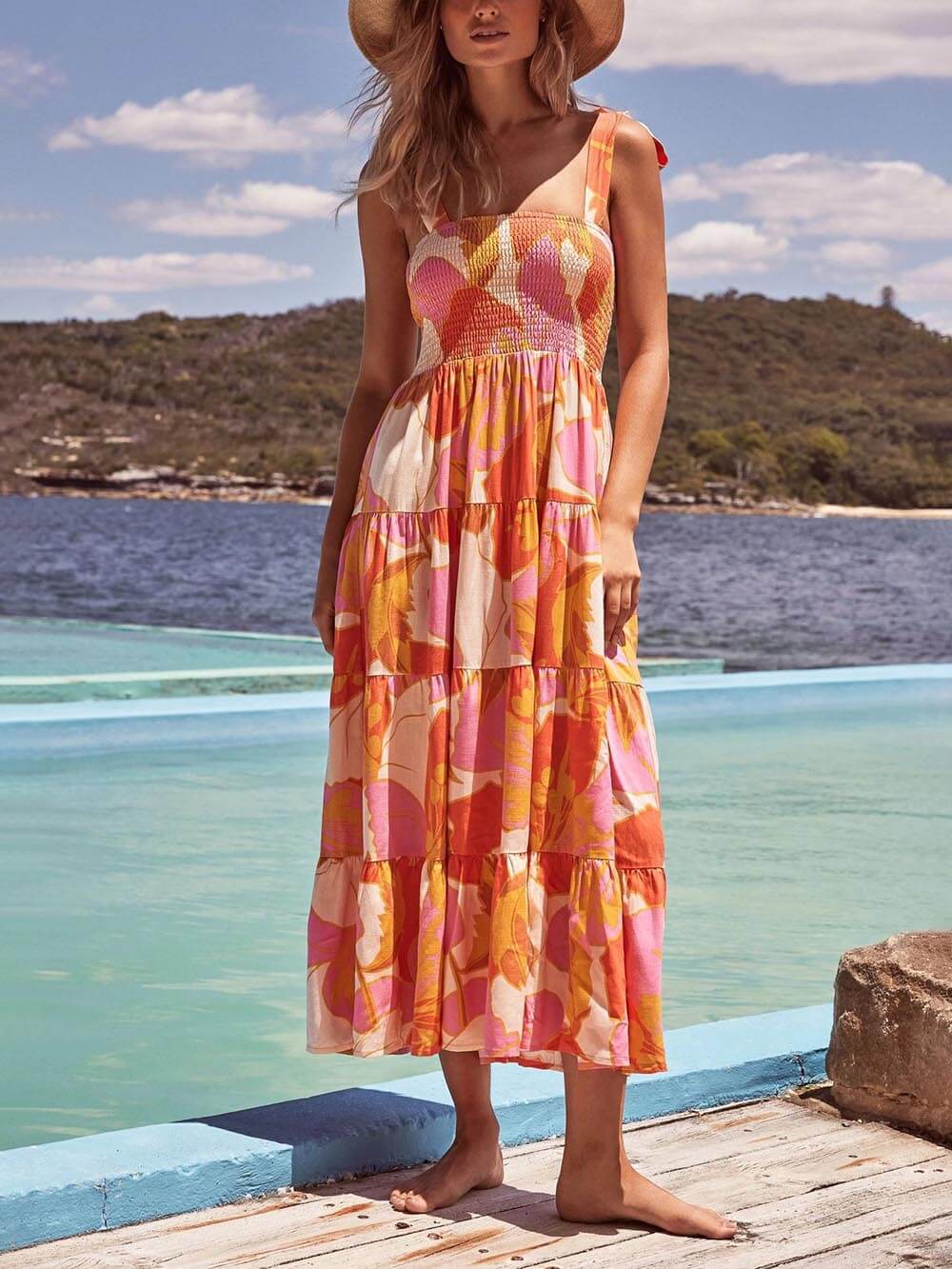 Valentina Sleeveless Sea Charm Pleated Stretch Chest Print Cami Dress