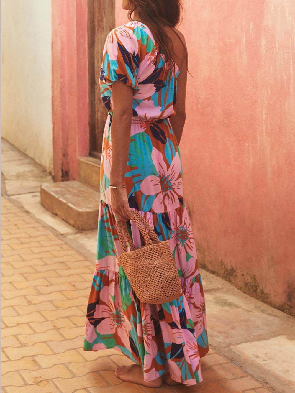 Rosabel Shoulder Palm Leaf Print Holiday Style Floral Dress