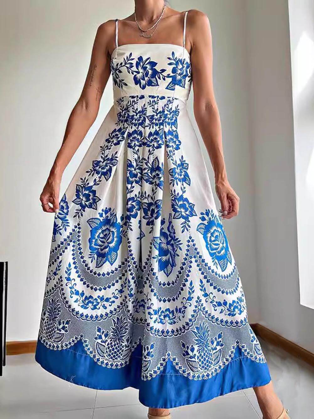 Solene Ethnic Floral Print Back Smocked Loose Midi Dress