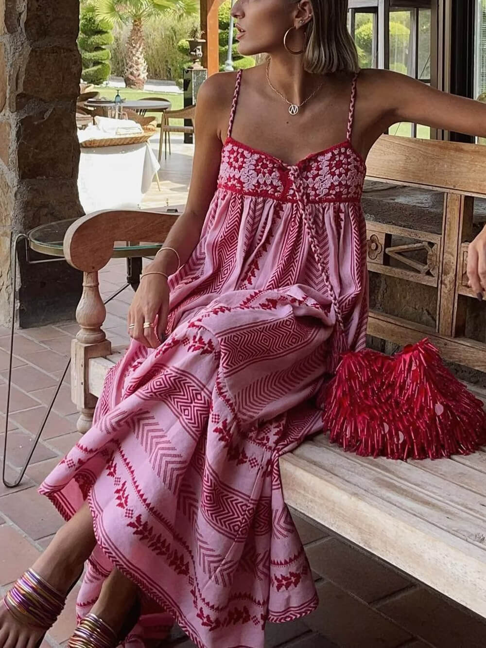 Charlotte Crochet Patchwork Ethnic Style Knitted Slip Maxi Dress