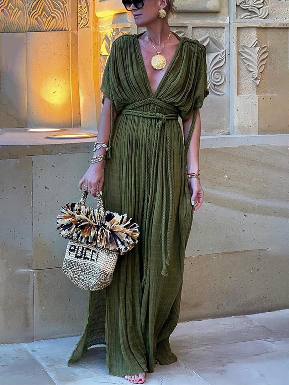 Ottavia Kimono Draped Braids Cover Up Slit Maxi Dress