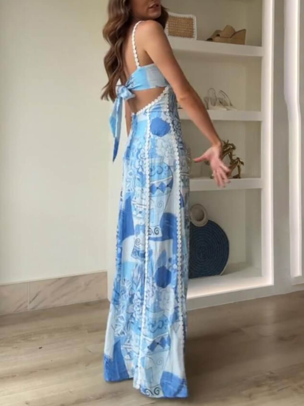 Edith Halter Straps Lace Patchwork Printed Back Tie Halter Flare