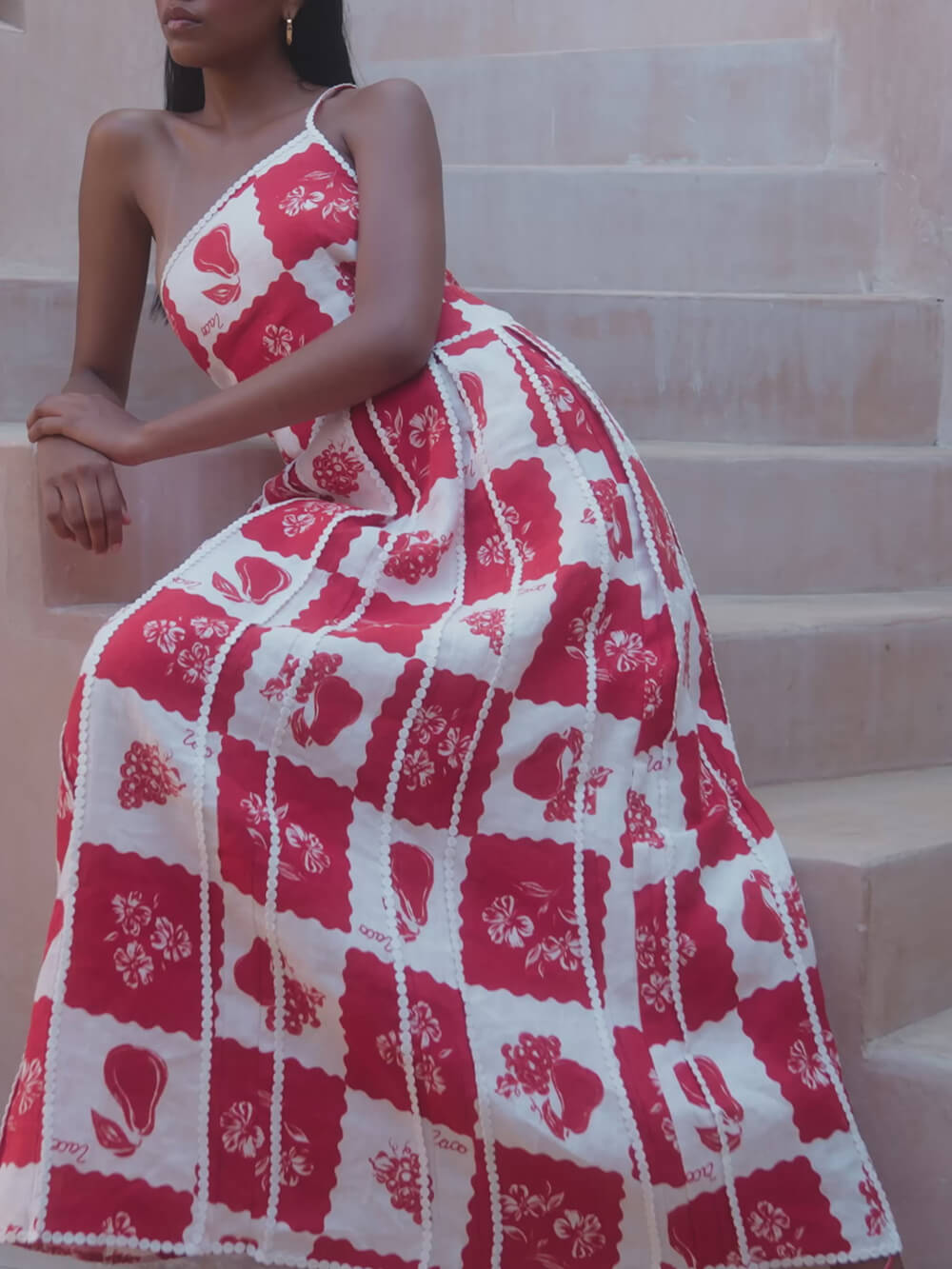 Sigrid Printed Floral Trim One Shoulder Flared Maxi Dress