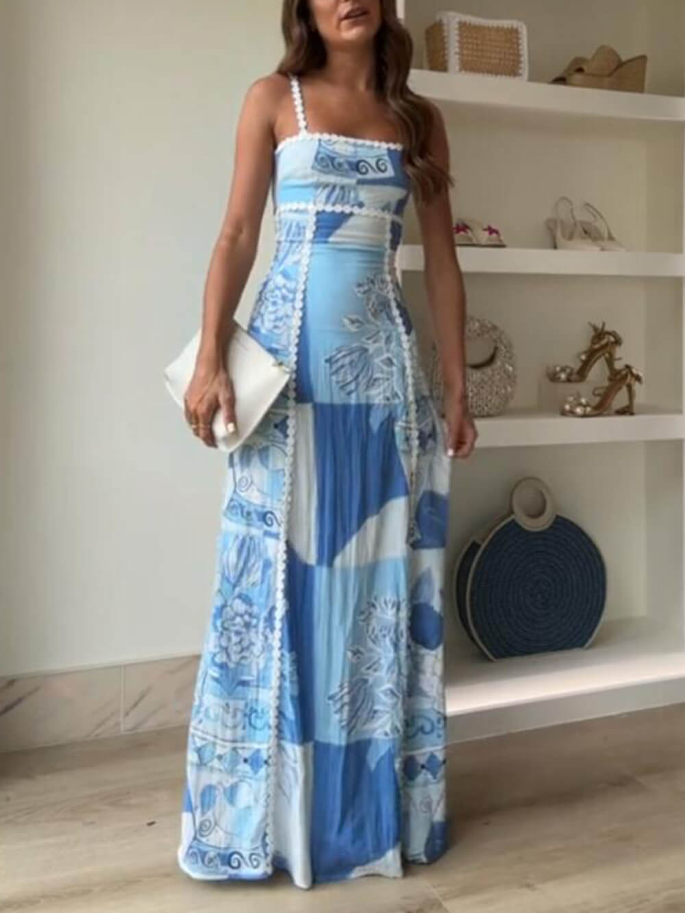 Edith Halter Straps Lace Patchwork Printed Back Tie Halter Flare