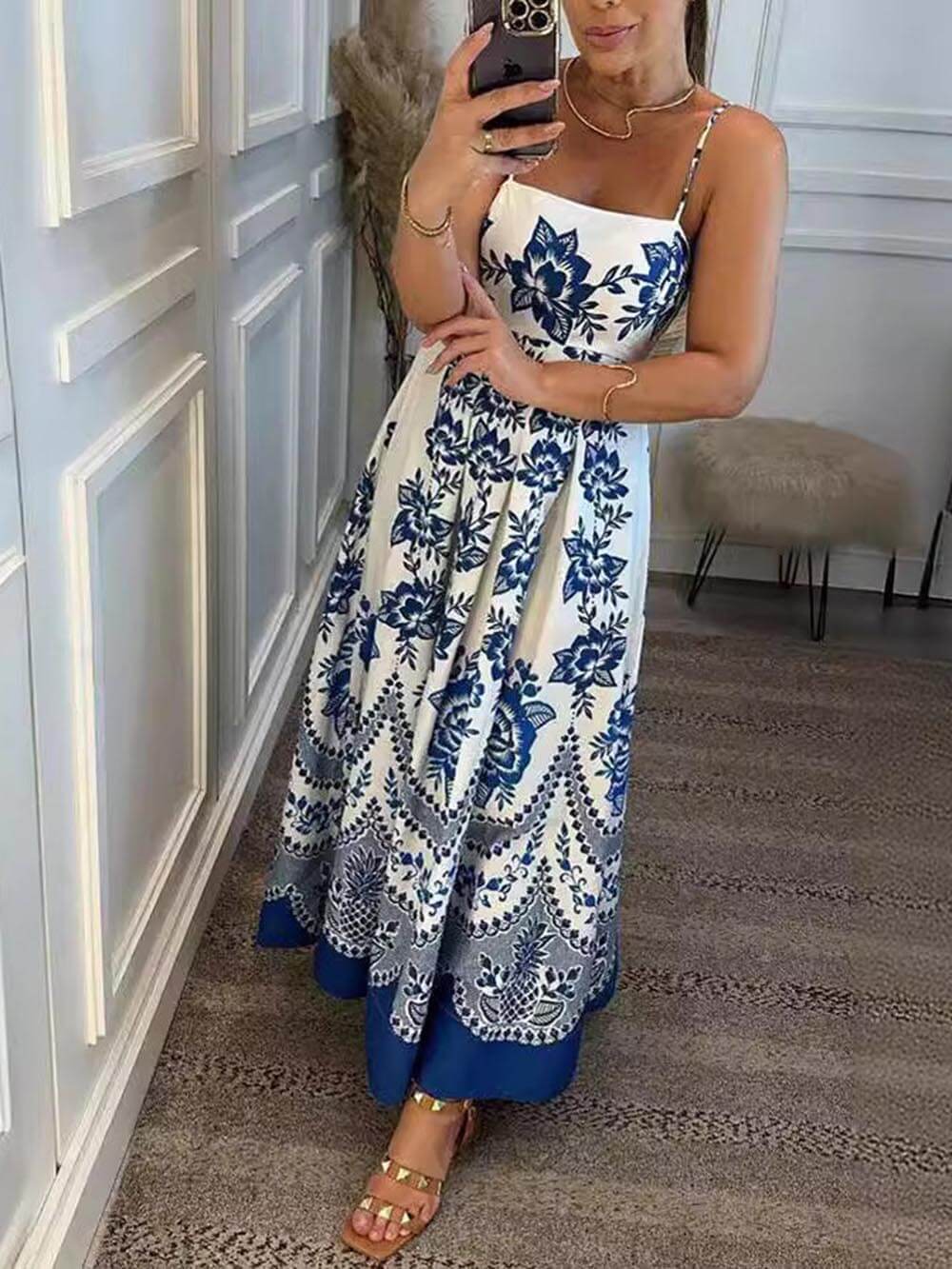 Solene Ethnic Floral Print Back Smocked Loose Midi Dress