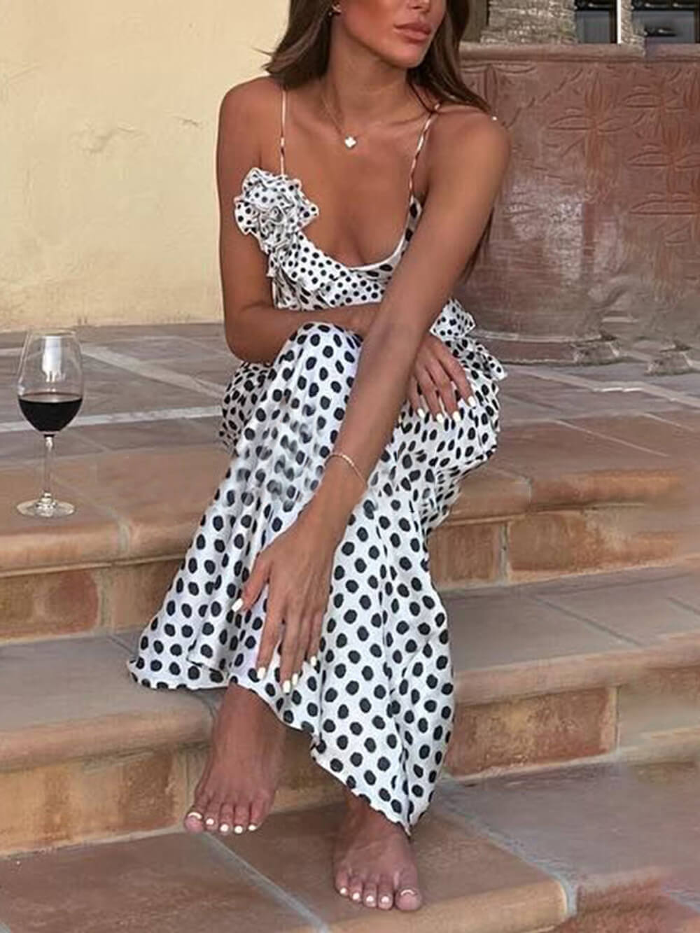 Bridget Polka Dot Print Fantasy Guipure Ruffled Suspender Maxi Dress