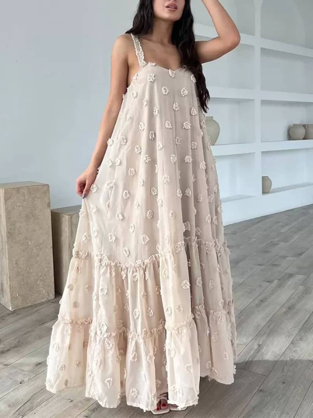Pearl Flower Decor Pretty A-Line Layered Loose Maxi Dress