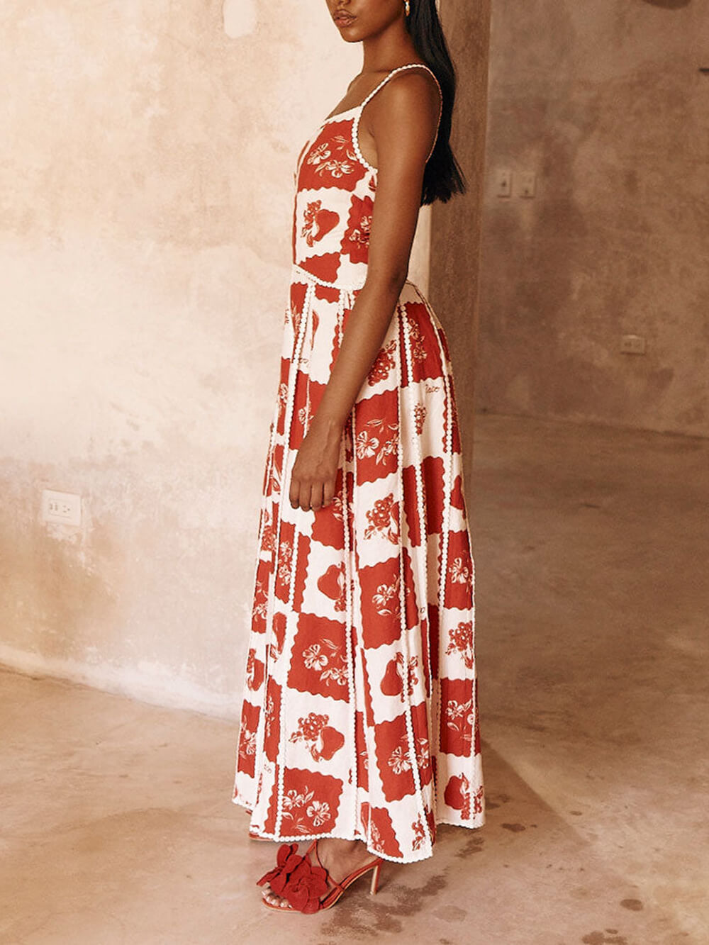 Sigrid Printed Floral Trim One Shoulder Flared Maxi Dress