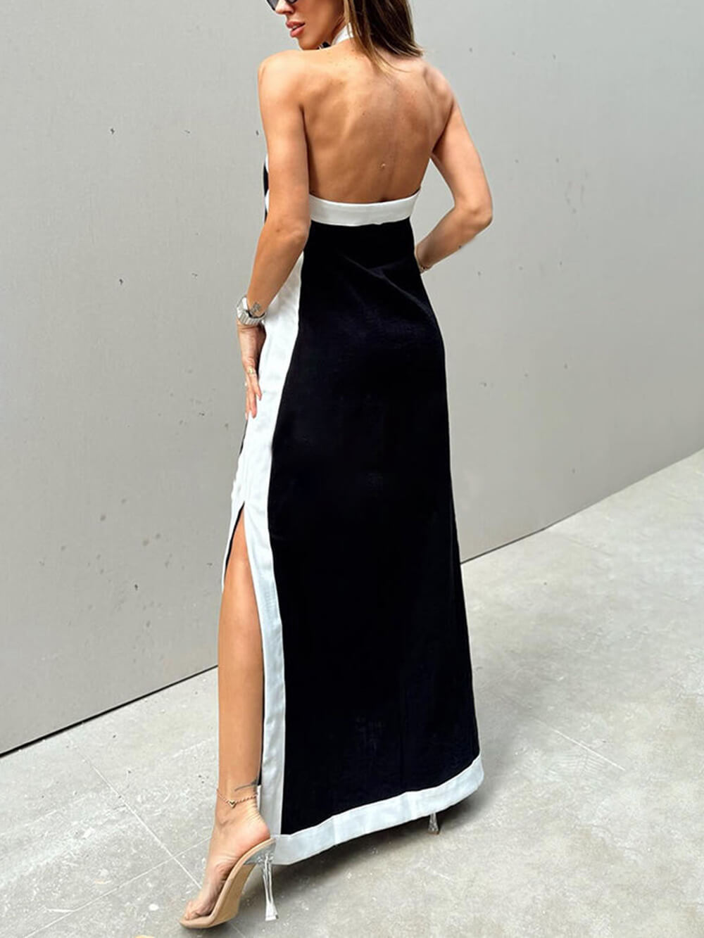 Delphine Halter Neck Slit Color Block Maxi Dress