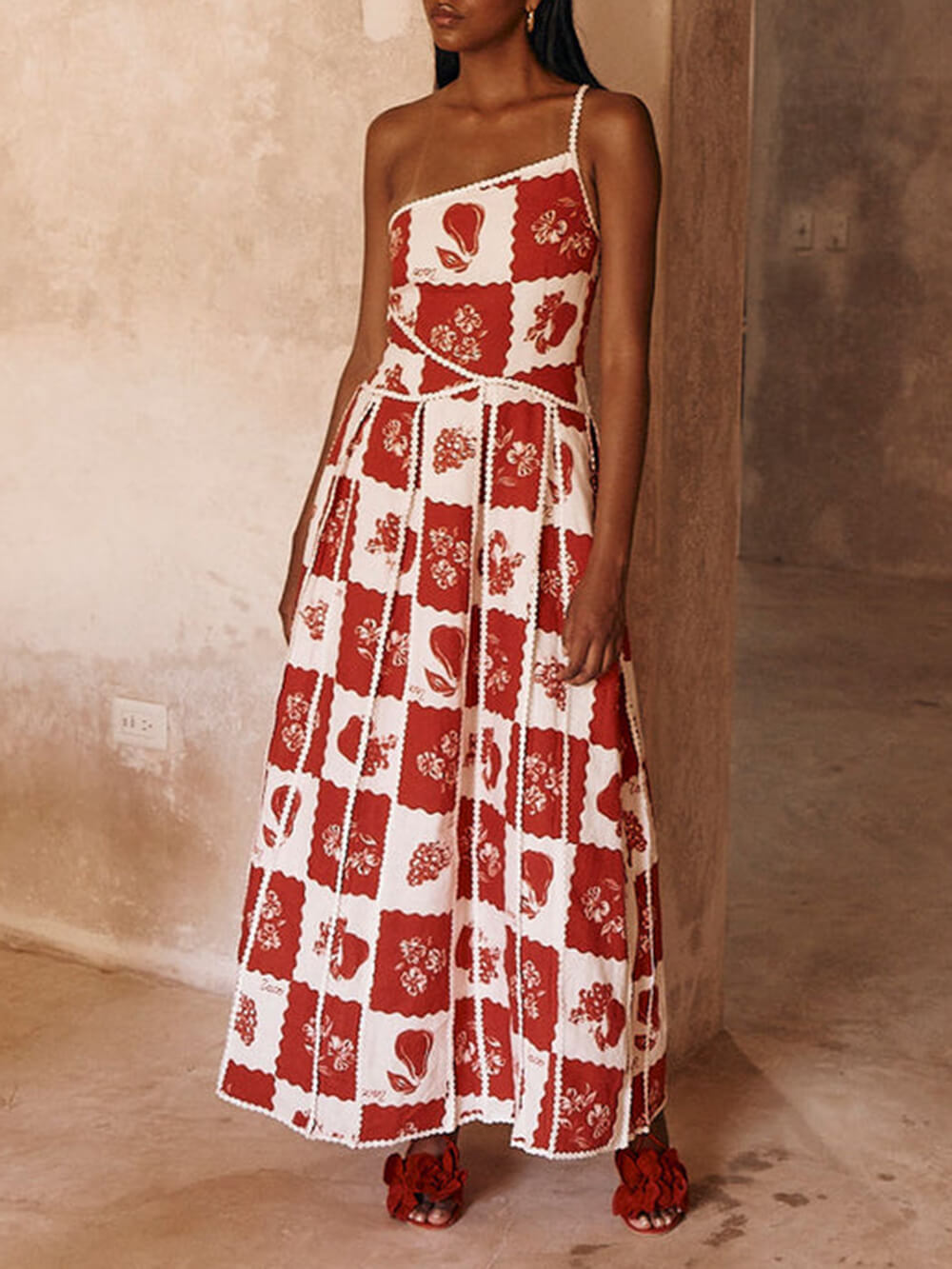 Sigrid Printed Floral Trim One Shoulder Flared Maxi Dress