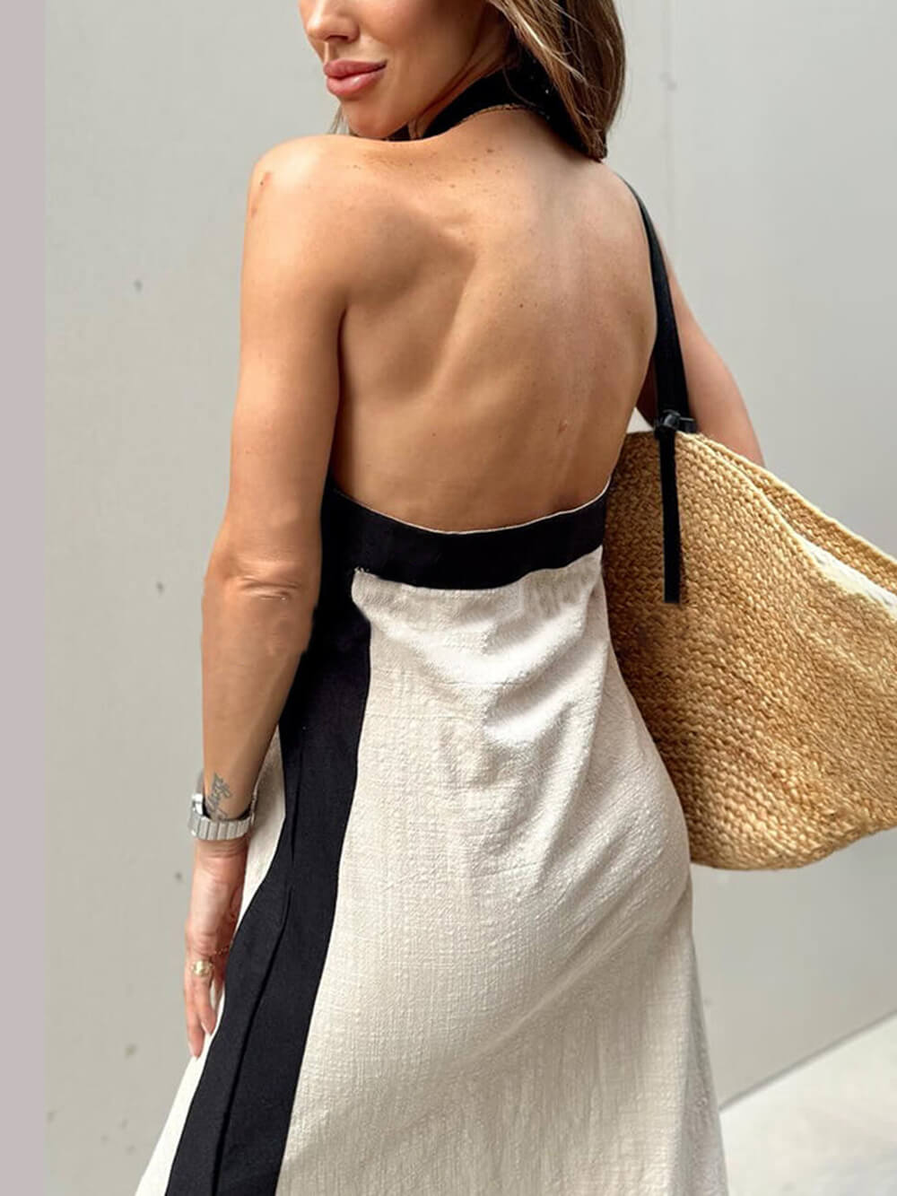 Delphine Halter Neck Slit Color Block Maxi Dress