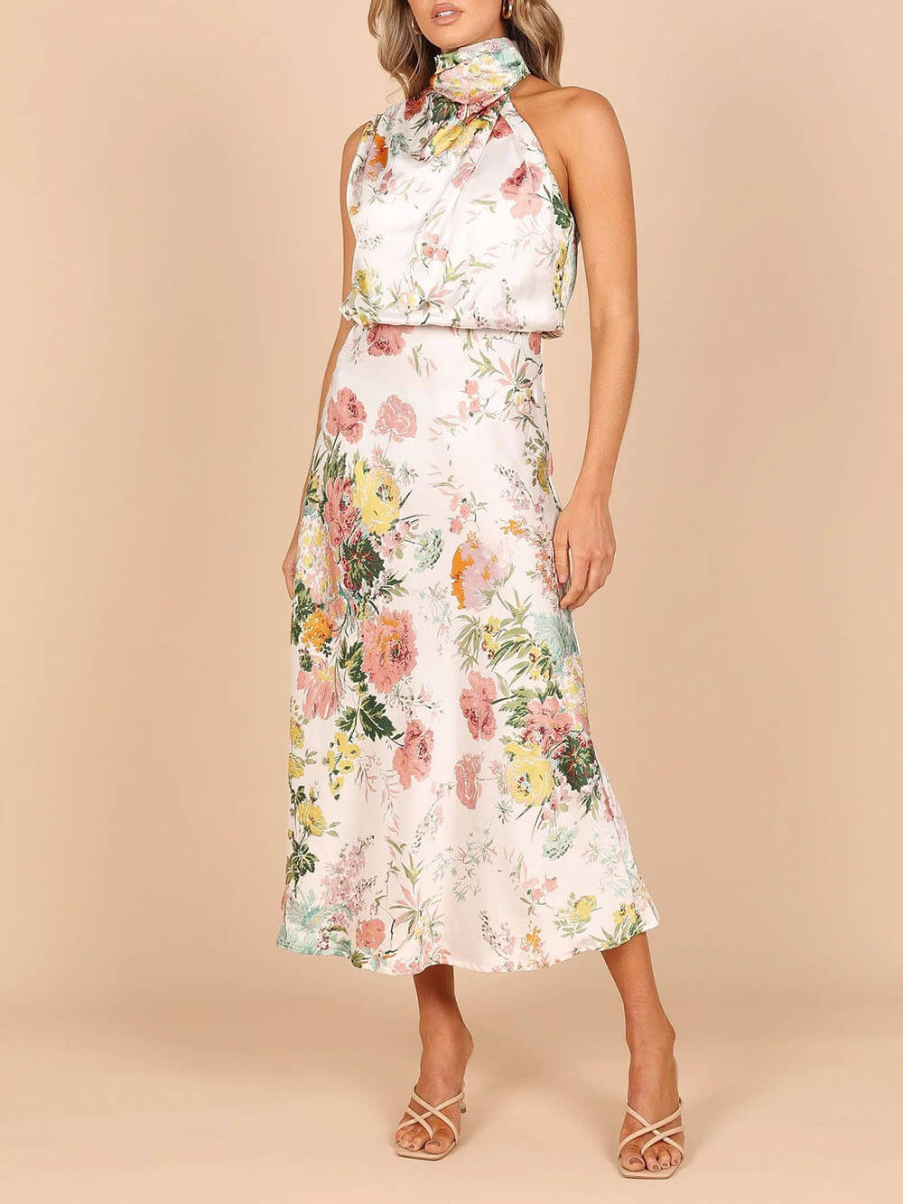 Odette Halter Neck Floral Elastic Waist Maxi Dress