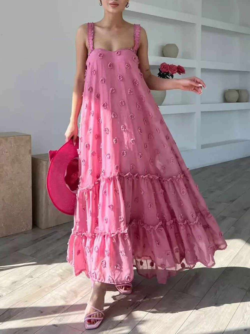Pearl Flower Decor Pretty A-Line Layered Loose Maxi Dress