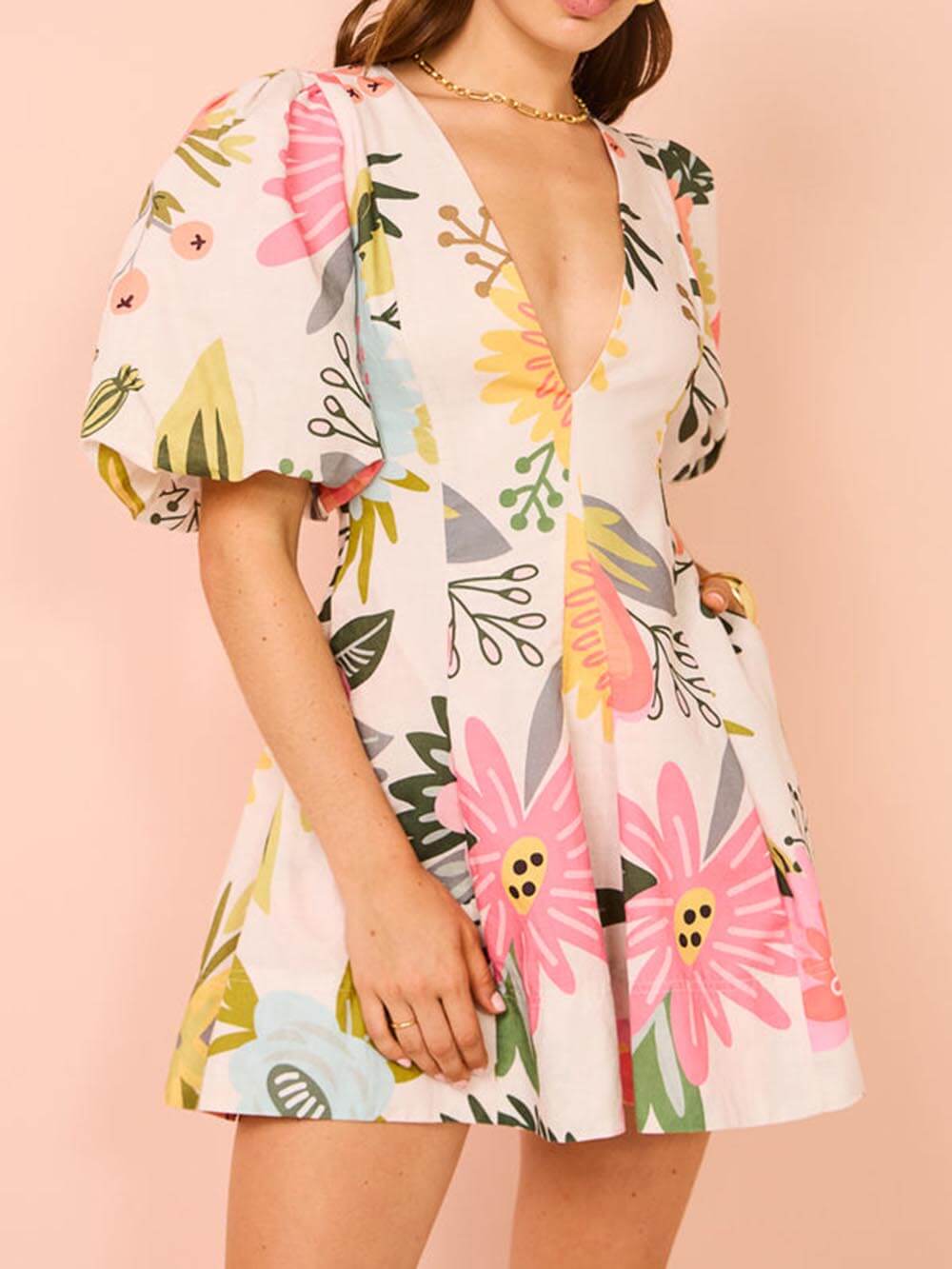 Renata Puff Sleeve Floral Print Pocketed Mini Dress