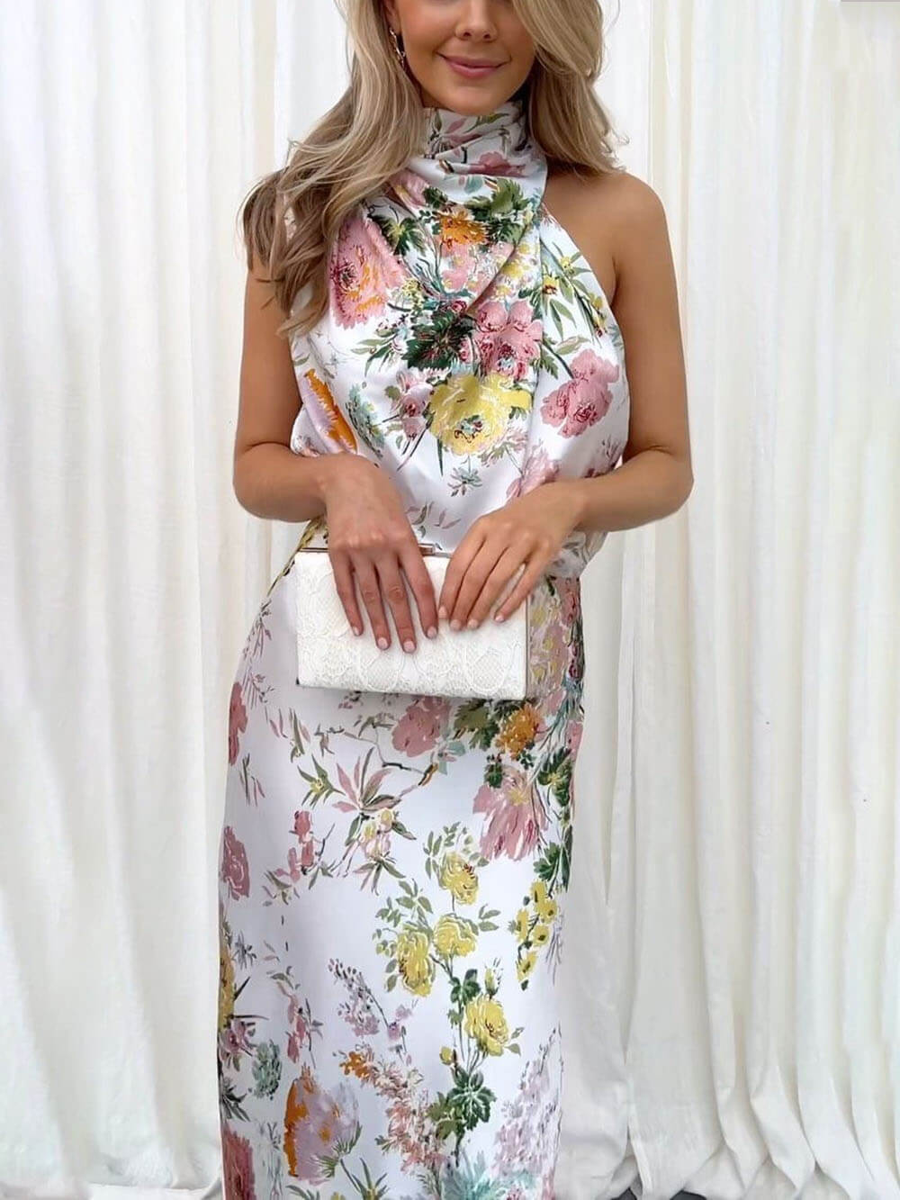 Odette Halter Neck Floral Elastic Waist Maxi Dress