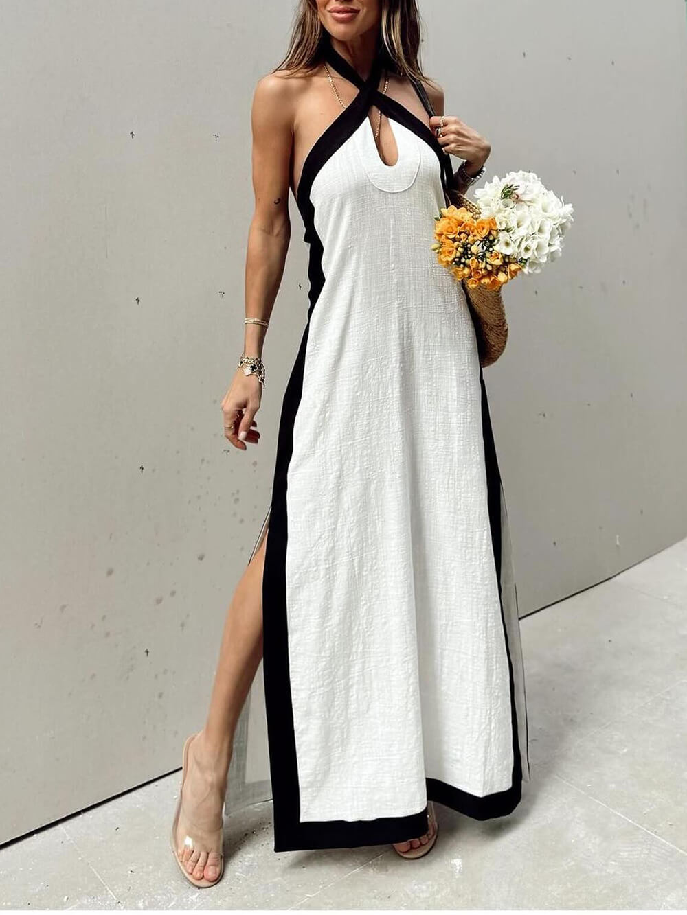 Delphine Halter Neck Slit Color Block Maxi Dress
