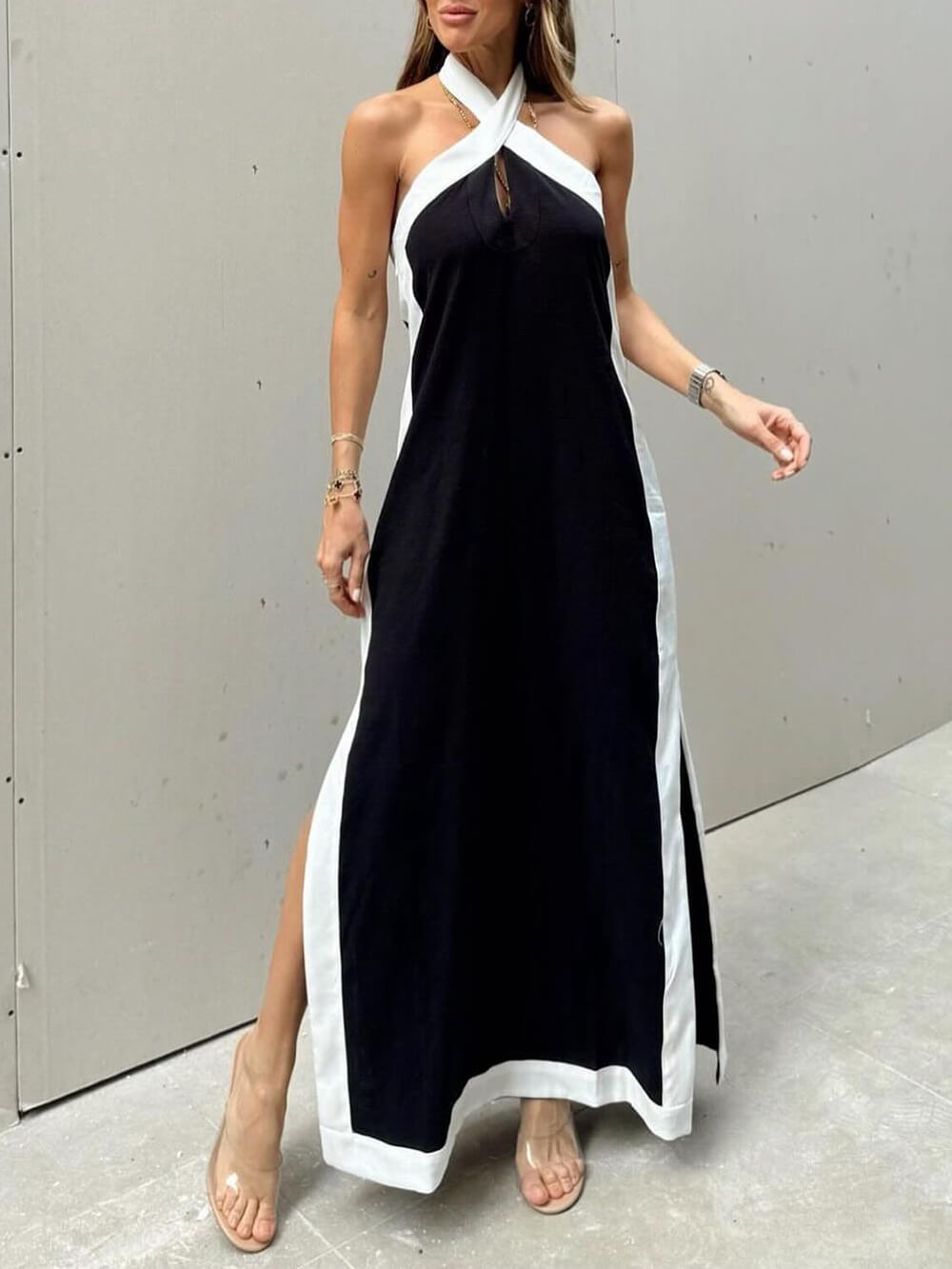 Delphine Halter Neck Slit Color Block Maxi Dress