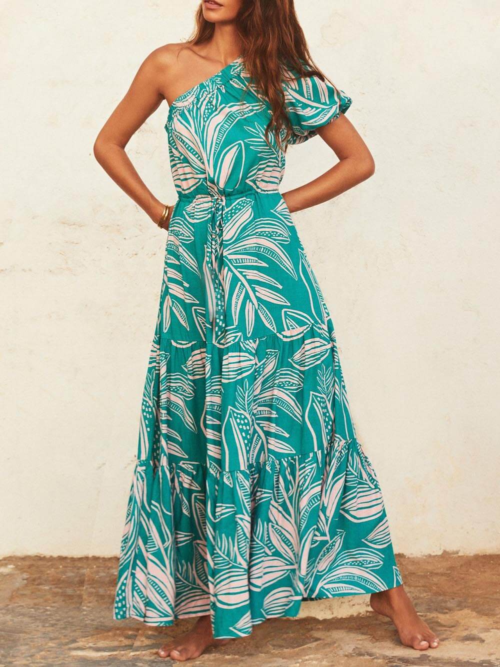 Rosabel Shoulder Palm Leaf Print Holiday Style Floral Dress