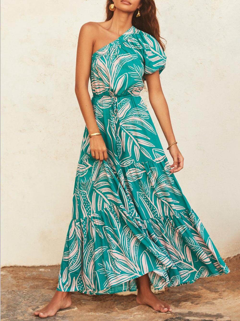 Rosabel Shoulder Palm Leaf Print Holiday Style Floral Dress