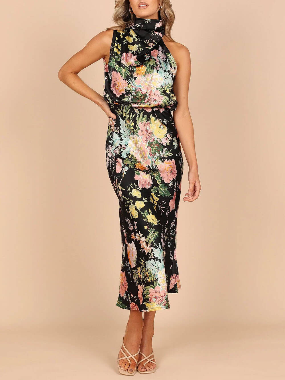 Odette Halter Neck Floral Elastic Waist Maxi Dress