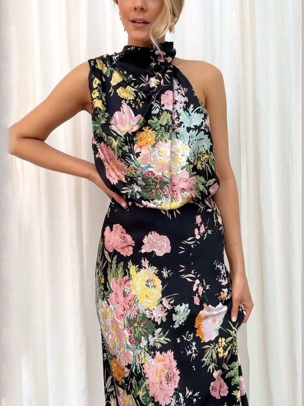 Odette Halter Neck Floral Elastic Waist Maxi Dress