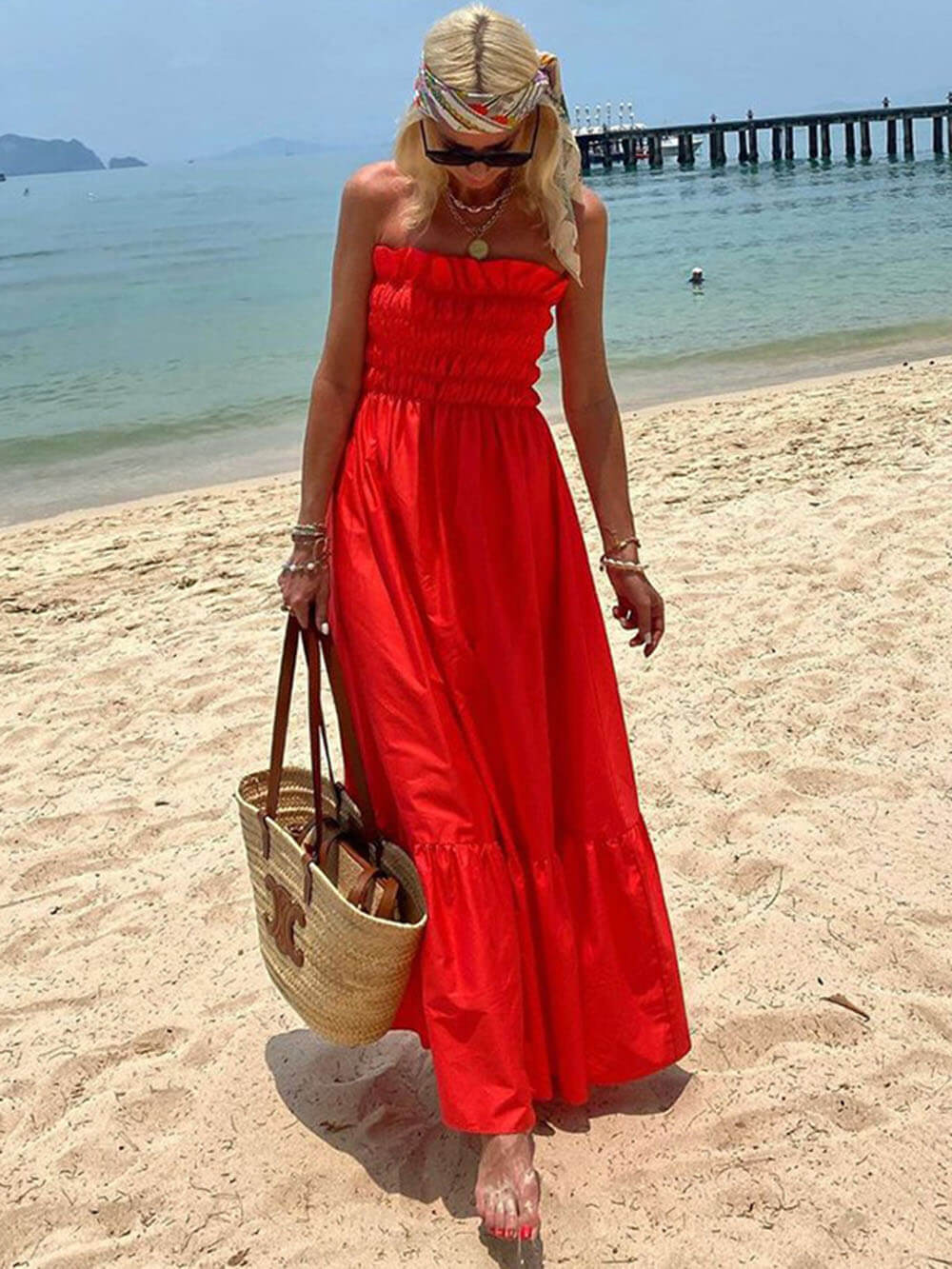 Helene Off Shoulder Smocked Bust Vacation Maxi Dress