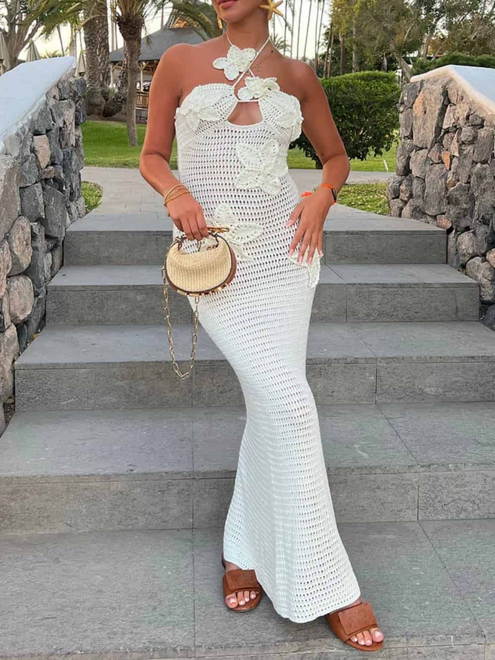 Estelle 3D Flower Decor Halter Neck Bodycon Crochet Maxi Dresses