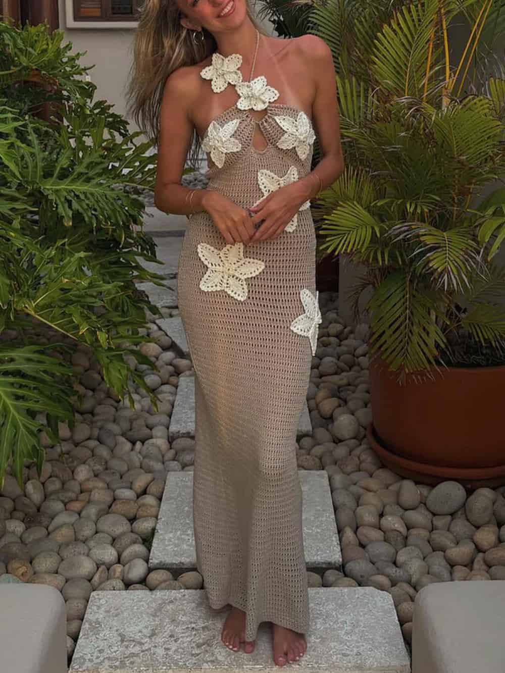 Estelle 3D Flower Decor Halter Neck Bodycon Crochet Maxi Dresses