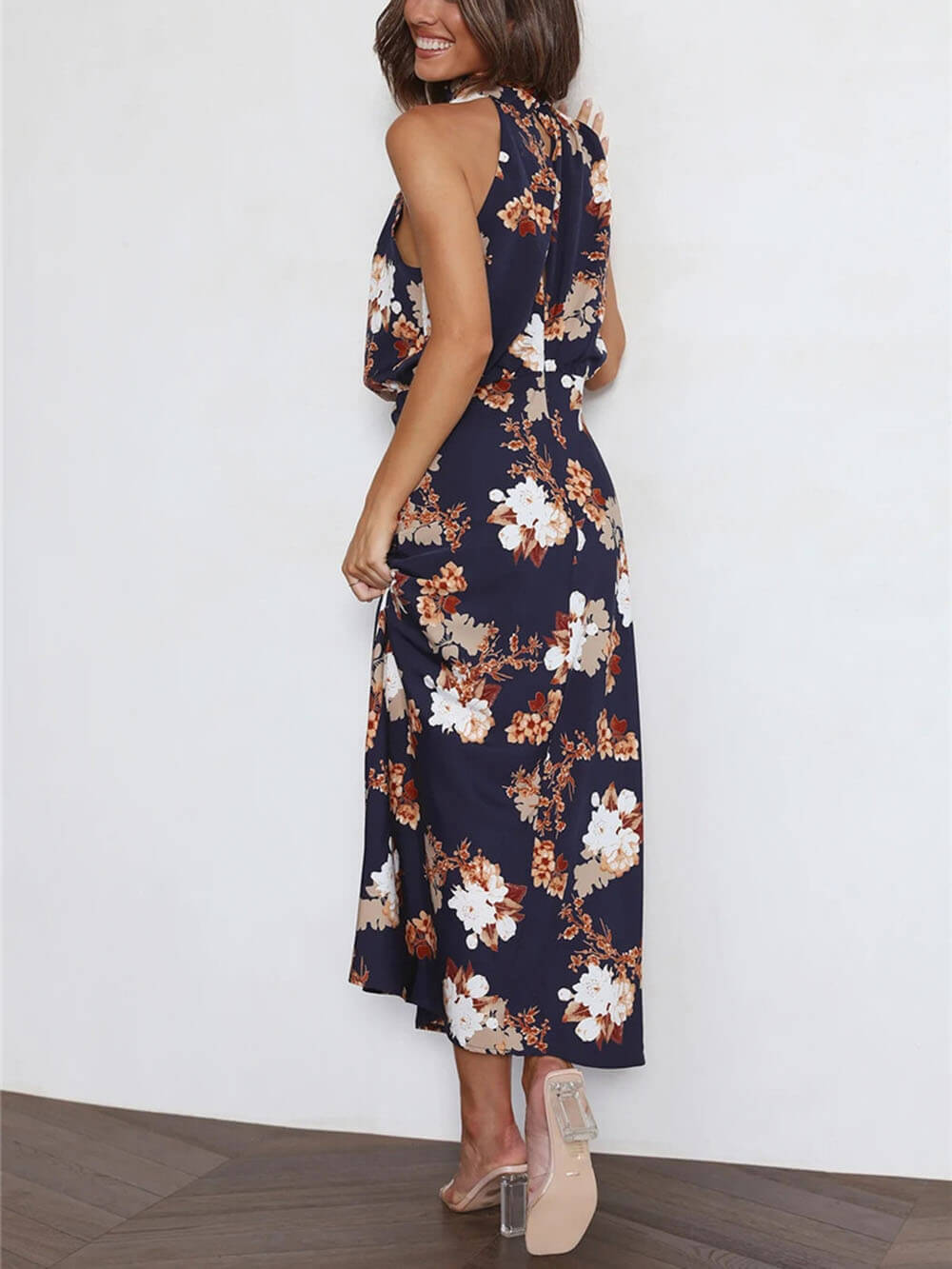 Odette Halter Neck Floral Elastic Waist Maxi Dress