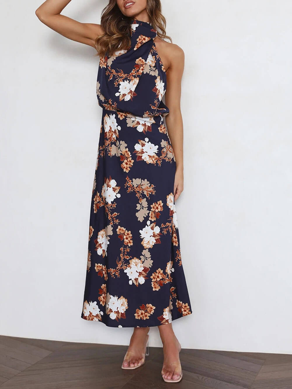 Odette Halter Neck Floral Elastic Waist Maxi Dress