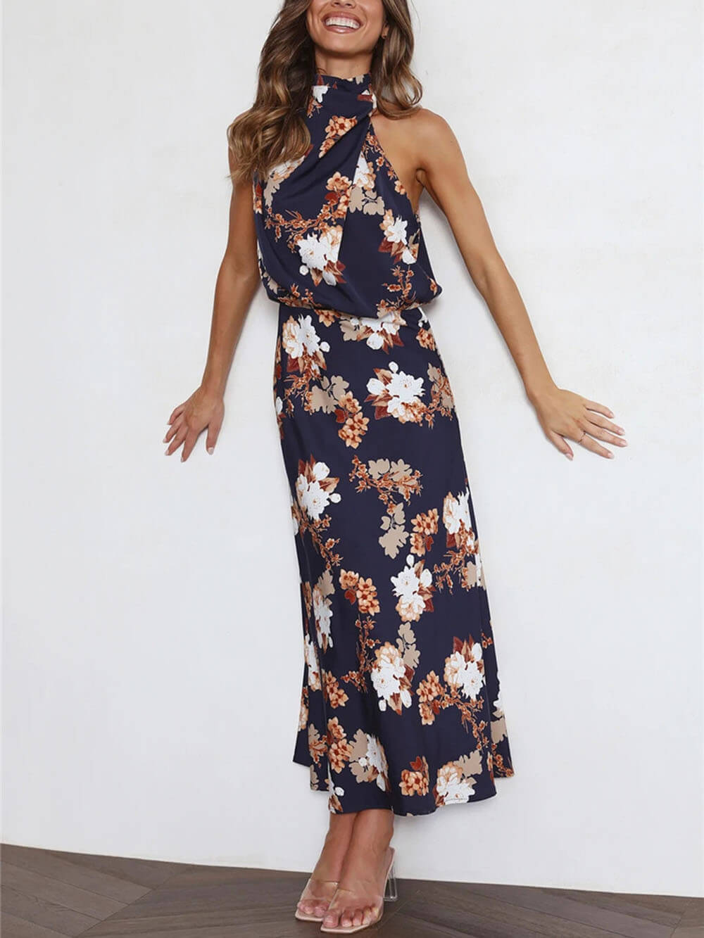 Odette Halter Neck Floral Elastic Waist Maxi Dress