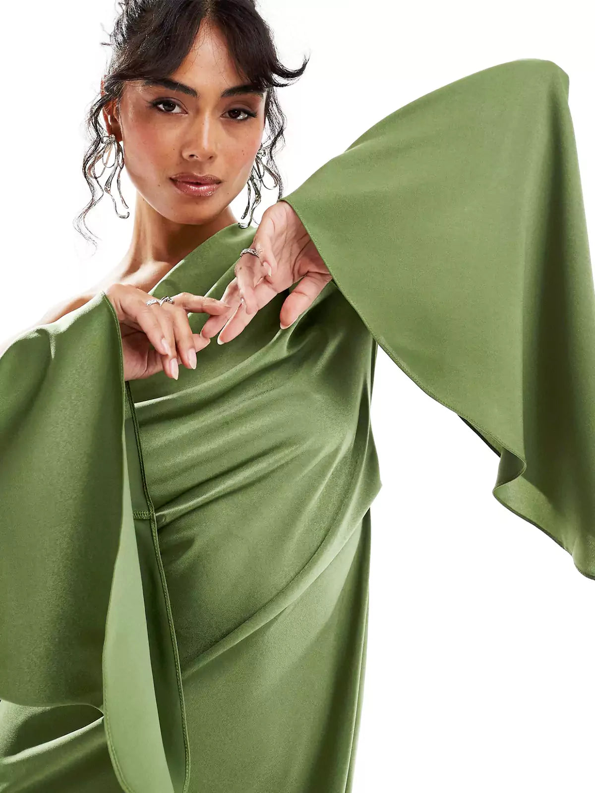 Carlotta Green Asymmetrical Hem Satin Maxi Dress