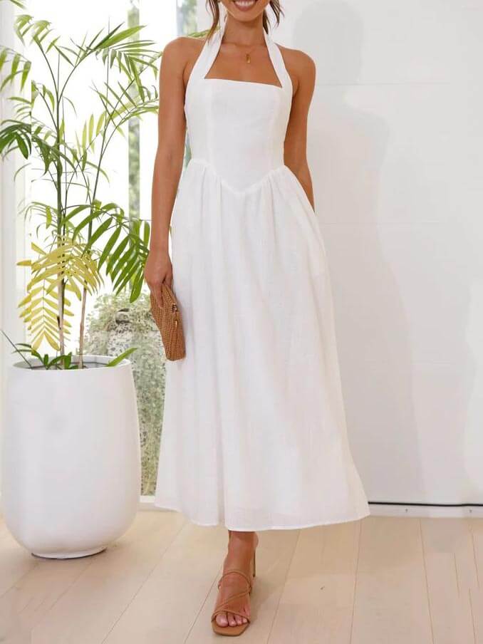 Persephone Waist Little Black Halter Neck Dress Mid Length Dress