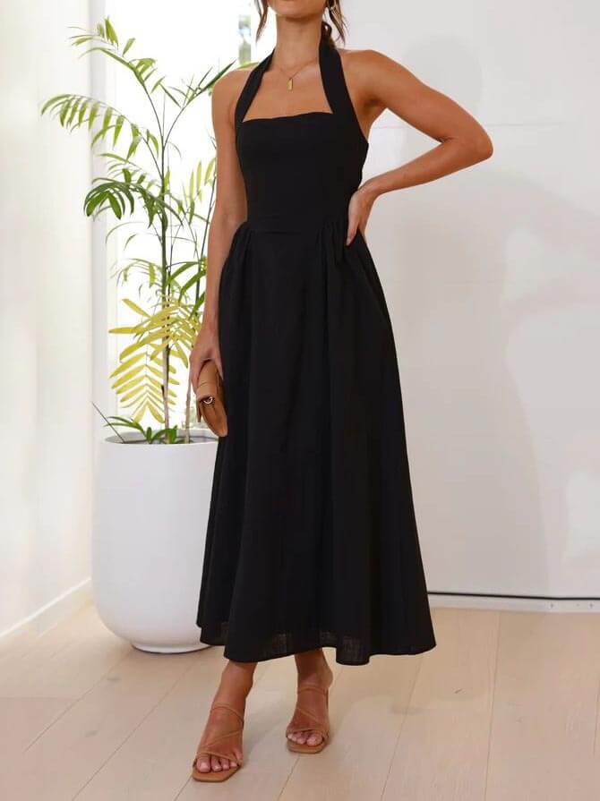 Persephone Waist Little Black Halter Neck Dress Mid Length Dress