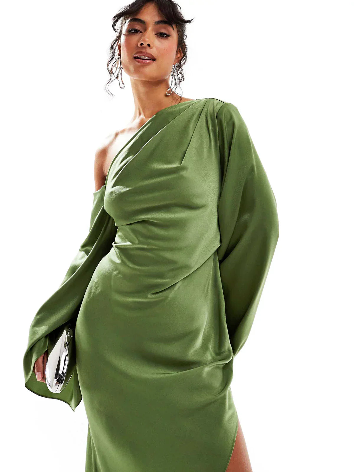 Carlotta Green Asymmetrical Hem Satin Maxi Dress